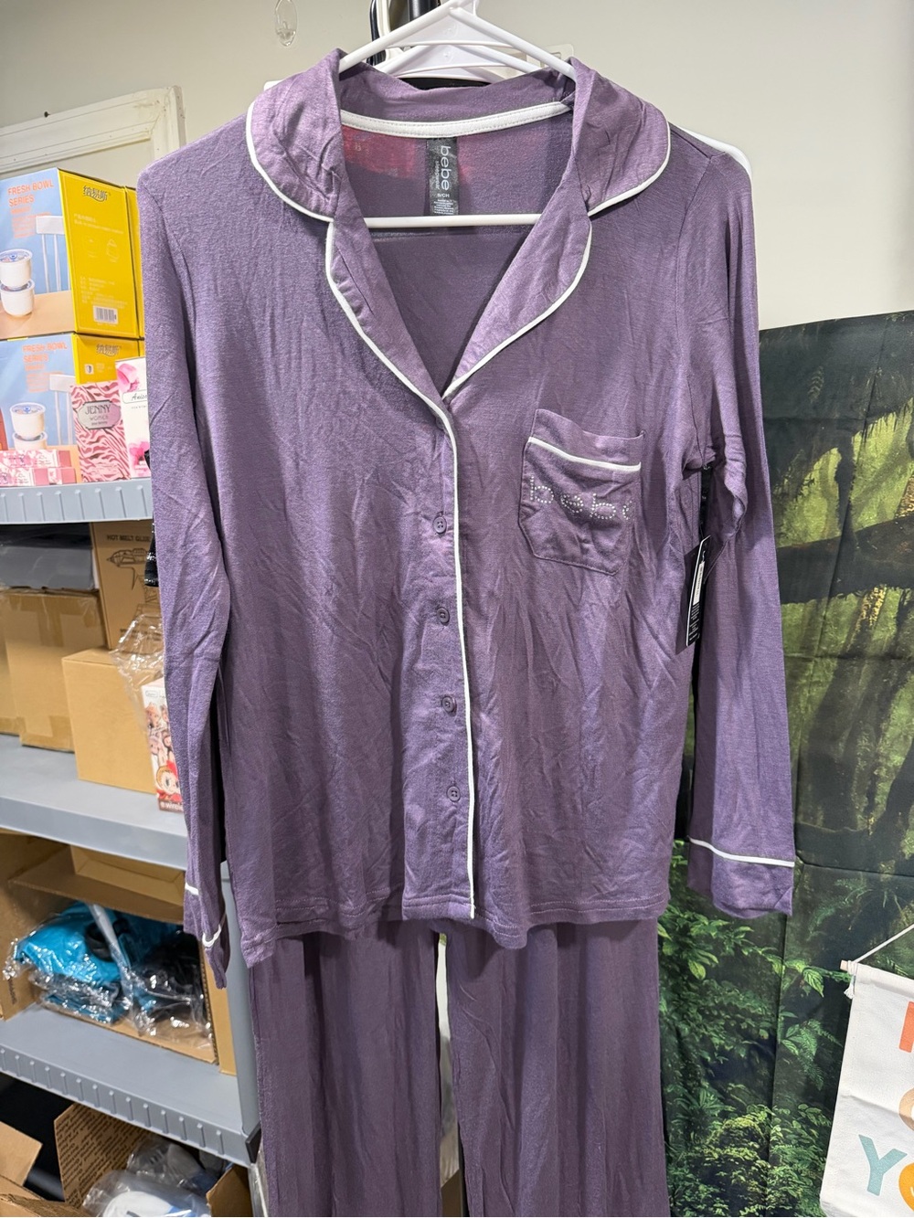 bebe Purple Pajama Set with White Piping